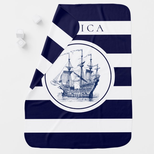 Navy Blue Stripes & Blue Nautical Wind-sailin Boat Baby Blanket (In Situ)