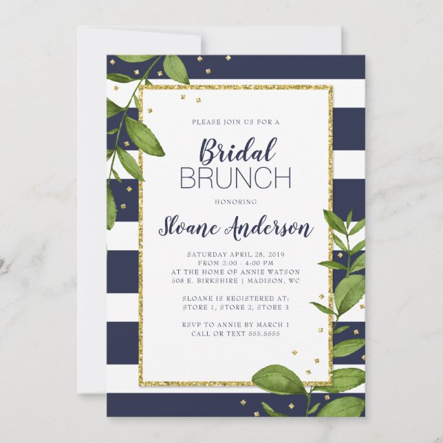 Navy Blue Stripes Botanical Bling Bridal Brunch Invitation (Front)