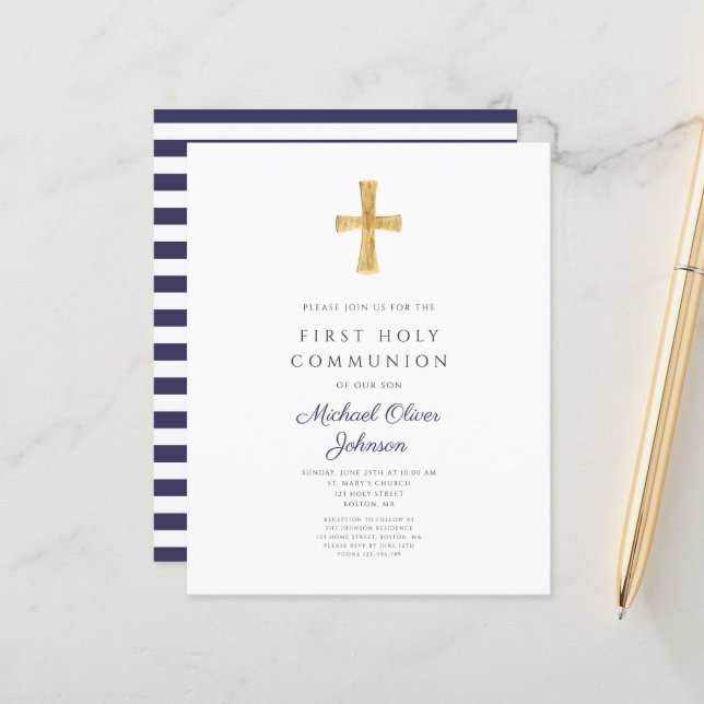Navy Blue Stripes Boy First Communion Invitation (Front/Back In Situ)