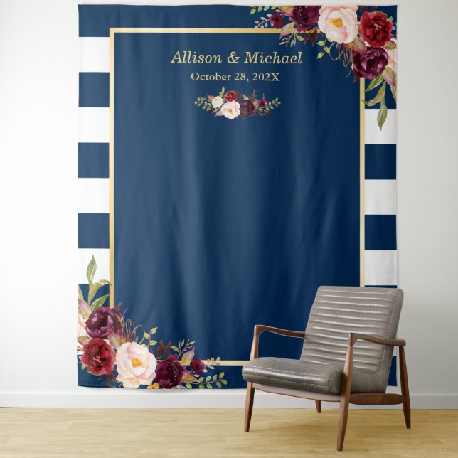 Navy Blue Stripes Burgundy Floral Wedding Backdrop (In Situ)
