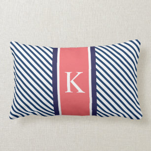 Navy Blue Stripes & Coral Monogram Lumbar Pillow