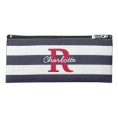 Navy Blue Stripes & Crimson Monogram Pencil Case (Front)