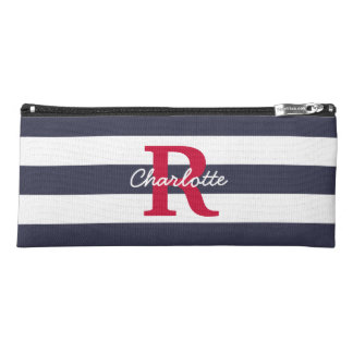 Navy Blue Stripes & Crimson Monogram Pencil Case