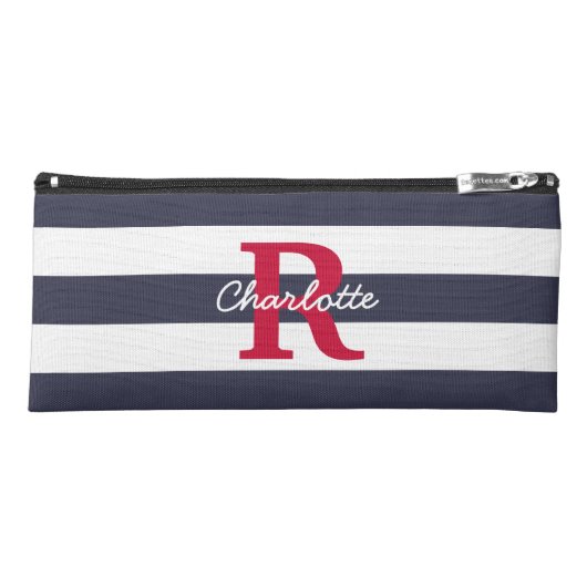 Navy Blue Stripes & Crimson Monogram Pencil Case (Front)