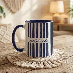 Navy Blue Stripes Custom Auntie Baby Announcement Mug