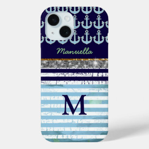 Navy Blue Stripes custom name/initial iPhone 15 Case