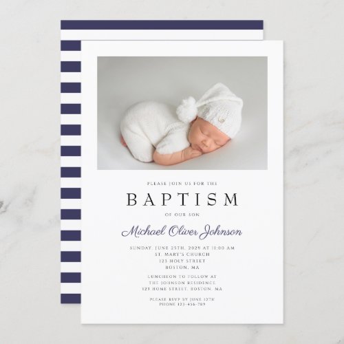Navy Blue Stripes Elegant Photo Boy Baptism Invitation