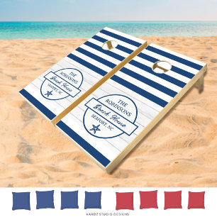 Navy Blue Stripes Family Beach House Cornhole Set