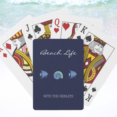 Navy Blue Stripes Family Name Fish Beach House Poker Cards