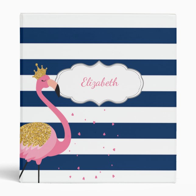 Navy Blue Stripes Flamingo Gold Glitter Crown 3 Ring Binder (Front)