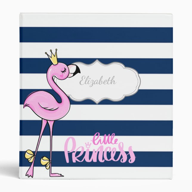 Navy Blue Stripes Flamingo,Little Princess 3 Ring Binder (Front)
