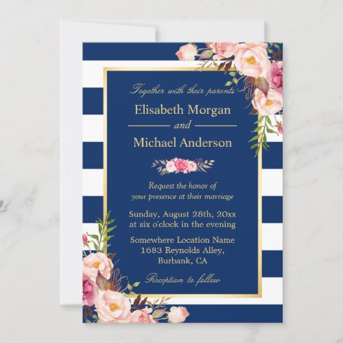 Navy Blue Stripes Floral | Classy Formal Wedding Card