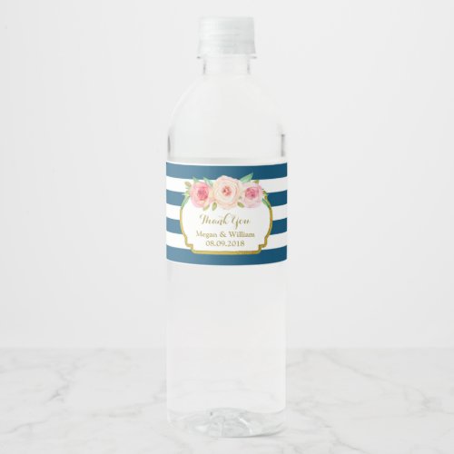 Navy Blue Stripes Floral Gold Water Bottle Label
