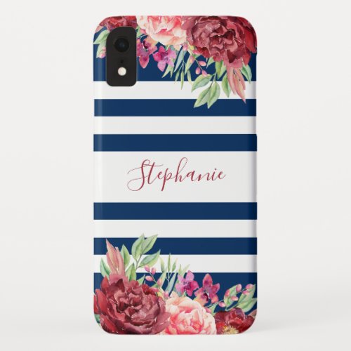 Navy Blue Stripes Floral Monogram iPhone XR Case