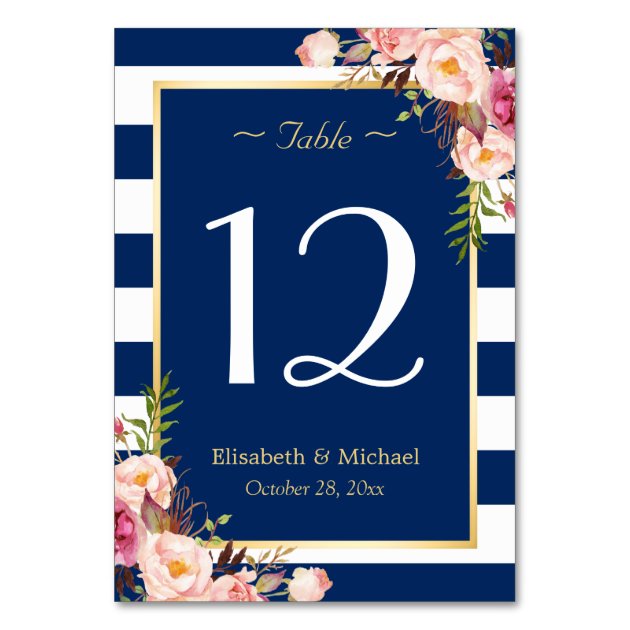 Navy Blue Stripes Floral Wedding Table Number Card