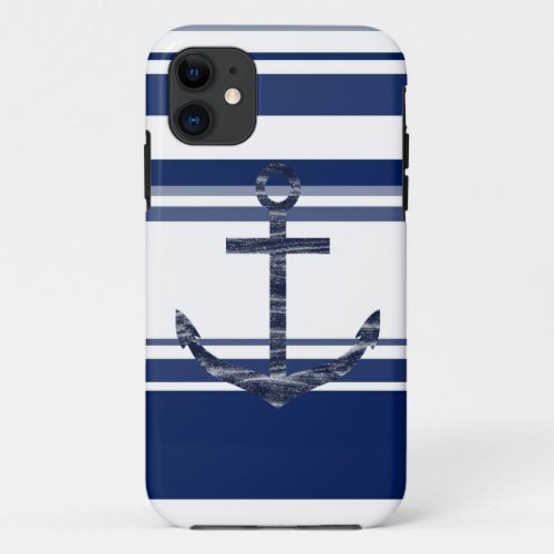 Navy Blue Stripes Glitter Anchor iPhone 11 Case