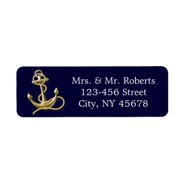 navy blue stripes gold anchor nautical wedding label (Front)