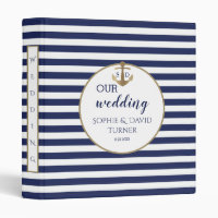 Navy Blue Stripes Gold Anchor Wedding Photo Album