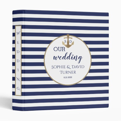 Navy Blue Stripes Gold Anchor Wedding Photo Album 3 Ring Binder