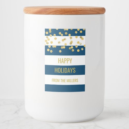 Navy Blue Stripes Gold Confetti Custom Christmas Food Label
