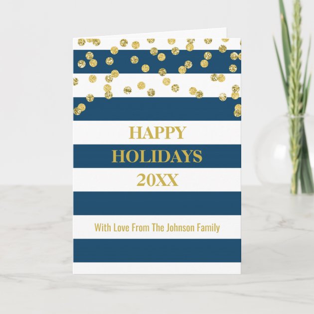 Navy Blue Stripes Gold Confetti Happy Holidays Holiday Invitation