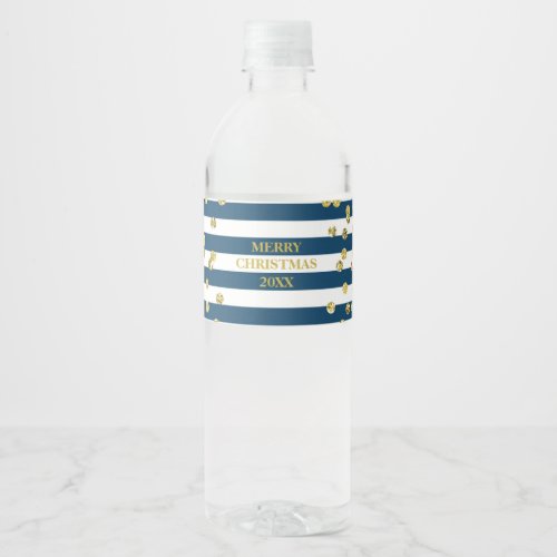 Navy Blue Stripes Gold Confetti Merry Christmas Water Bottle Label