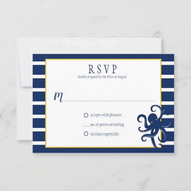 Navy Blue Stripes Gold Details Nautical RSVP | (Front)