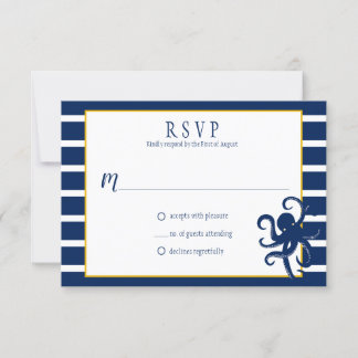 Navy Blue Stripes Gold Details Nautical RSVP | Card