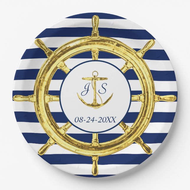 Navy Blue Stripes Gold Nautical Wedding Paper Plates (Front)