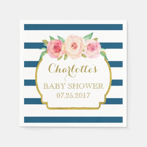 Navy Blue Stripes Gold Pink Floral Baby Shower Napkins