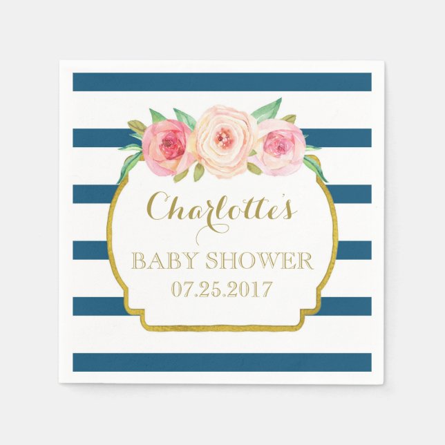 Navy Blue Stripes Gold Pink Floral Baby Shower Napkins (Front)