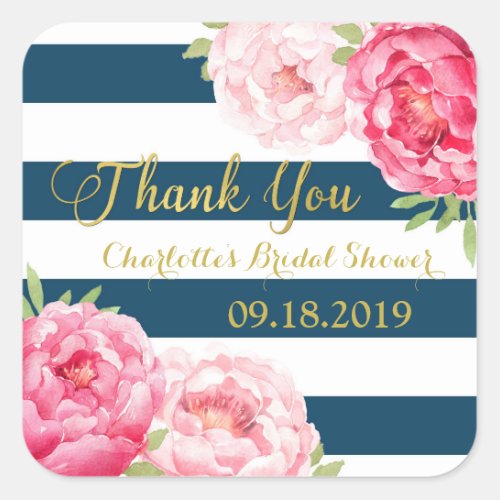 Navy Blue Stripes Gold Pink Floral Bridal Shower Square Sticker