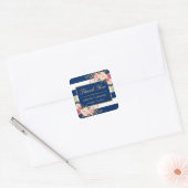 Navy Blue Stripes Gold Pink Floral Thank You Square Sticker (Envelope)