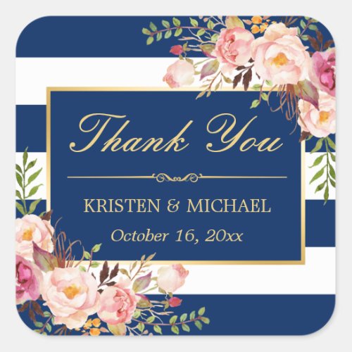 Navy Blue Stripes Gold Pink Floral Thank You Square Sticker