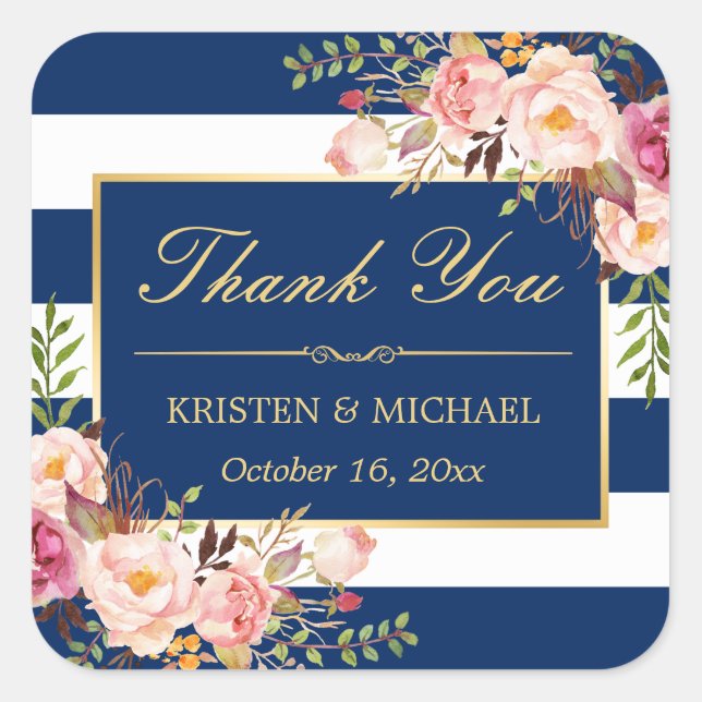 Navy Blue Stripes Gold Pink Floral Thank You Square Sticker (Front)