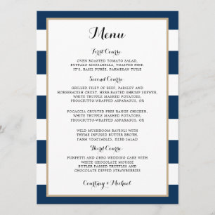 Navy Blue Stripes Gold Trim Wedding Reception Menu Invitation