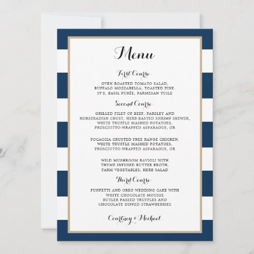 Navy Blue Stripes Gold Trim Wedding Reception Menu Invitation