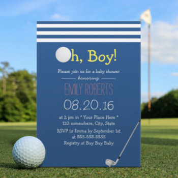 Navy Blue Stripes Golf Boy Baby Shower Invitation by myinvitation at Zazzle