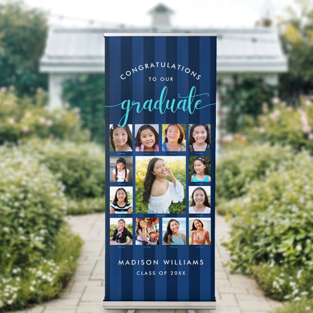 Navy Blue Stripes Grad K–12 Script Photo Collage Retractable Banner (Creator Uploaded)