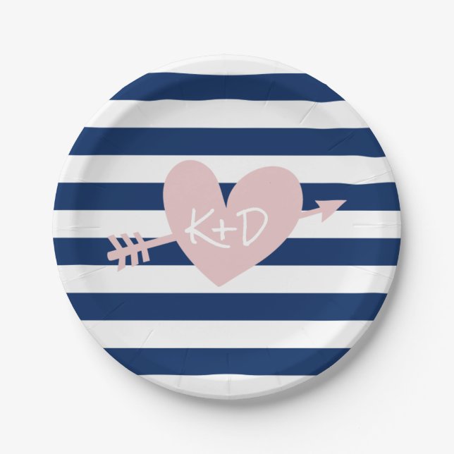 Navy Blue Stripes Heart & Arrow Nautical Wedding Paper Plates (Front)