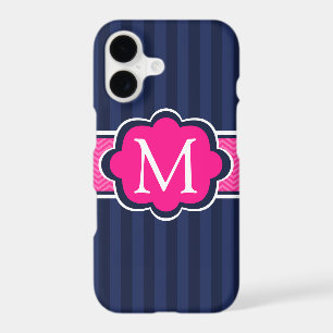 Navy Blue Stripes Hot Pink Custom Monogram iPhone 17 Case
