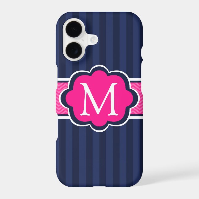 Navy Blue Stripes Hot Pink Custom Monogram Case-Mate iPhone Case (Back)