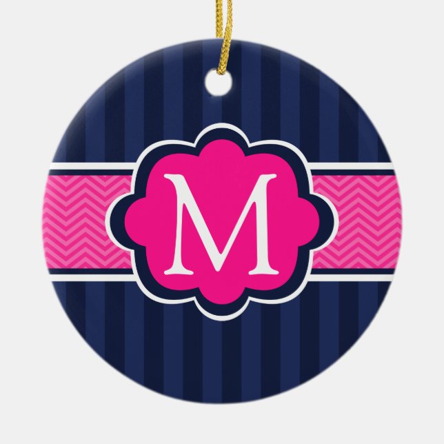 Navy Blue Stripes Hot Pink Custom Monogram Ceramic Ornament (Front)