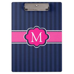 Navy Blue Stripes Hot Pink Custom Monogram Clipboard