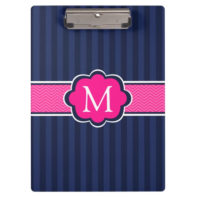 Navy Blue Stripes Hot Pink Custom Monogram Clipboard (Front)