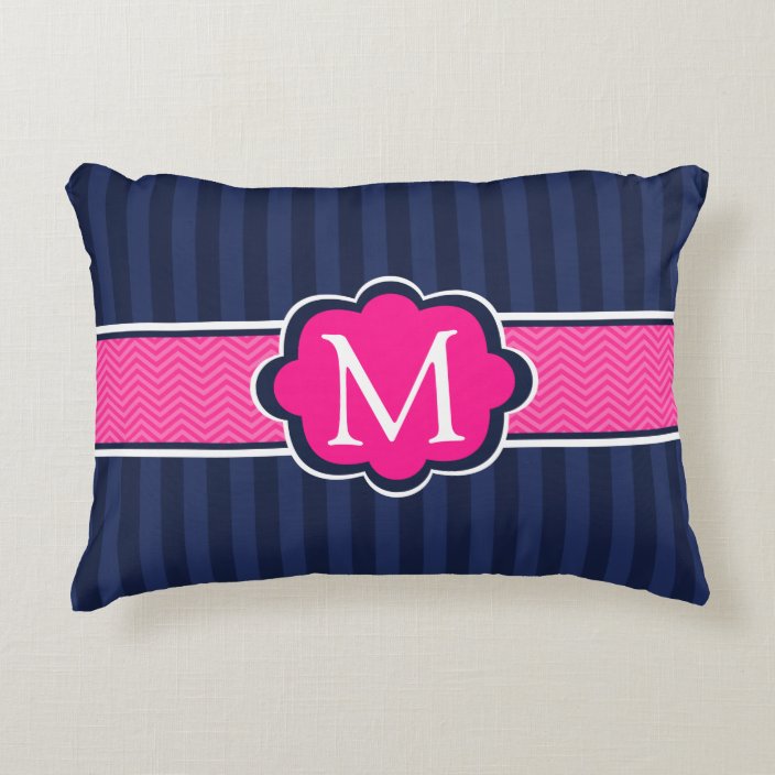 Navy Blue Stripes Hot Pink Custom Monogram Decorative Pillow Zazzle Com