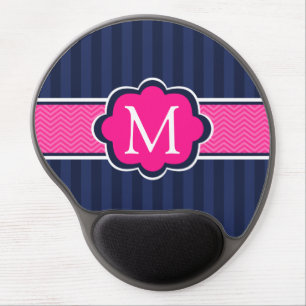 Navy Blue Stripes Hot Pink Custom Monogram Gel Mouse Pad