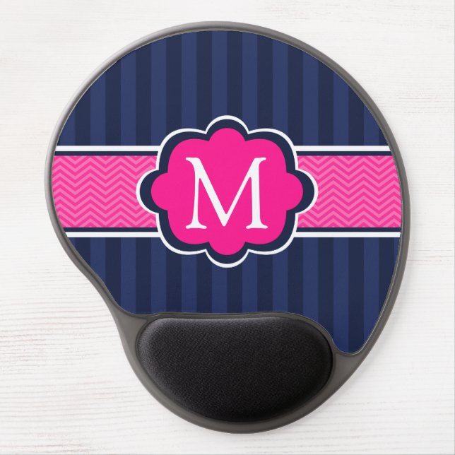 Navy Blue Stripes Hot Pink Custom Monogram Gel Mouse Pad (Front)