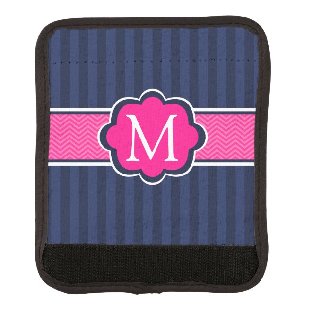 Navy Blue Stripes Hot Pink Custom Monogram Luggage Handle Wrap (Front)