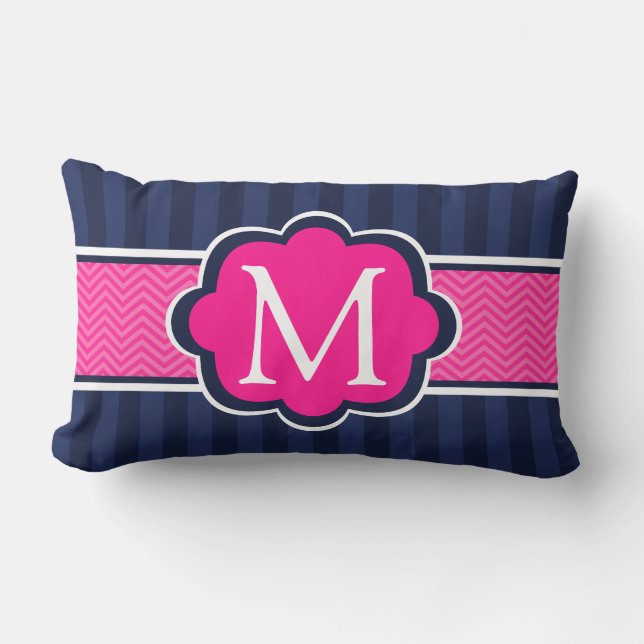 Navy Blue Stripes Hot Pink  Custom Monogram Lumbar Pillow (Front)